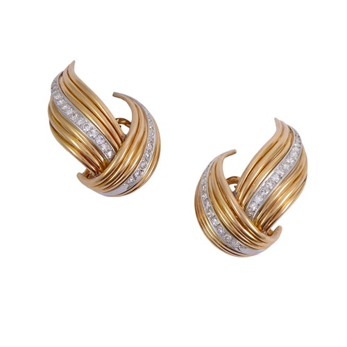Pair of gold and diamond twin leaf scroll earrings by Rene Bry, Paris,